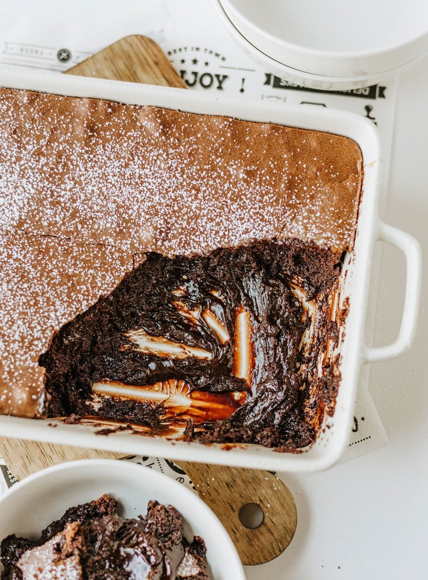 Ina Garten's viral baked brownie pudding in a white casserole dish