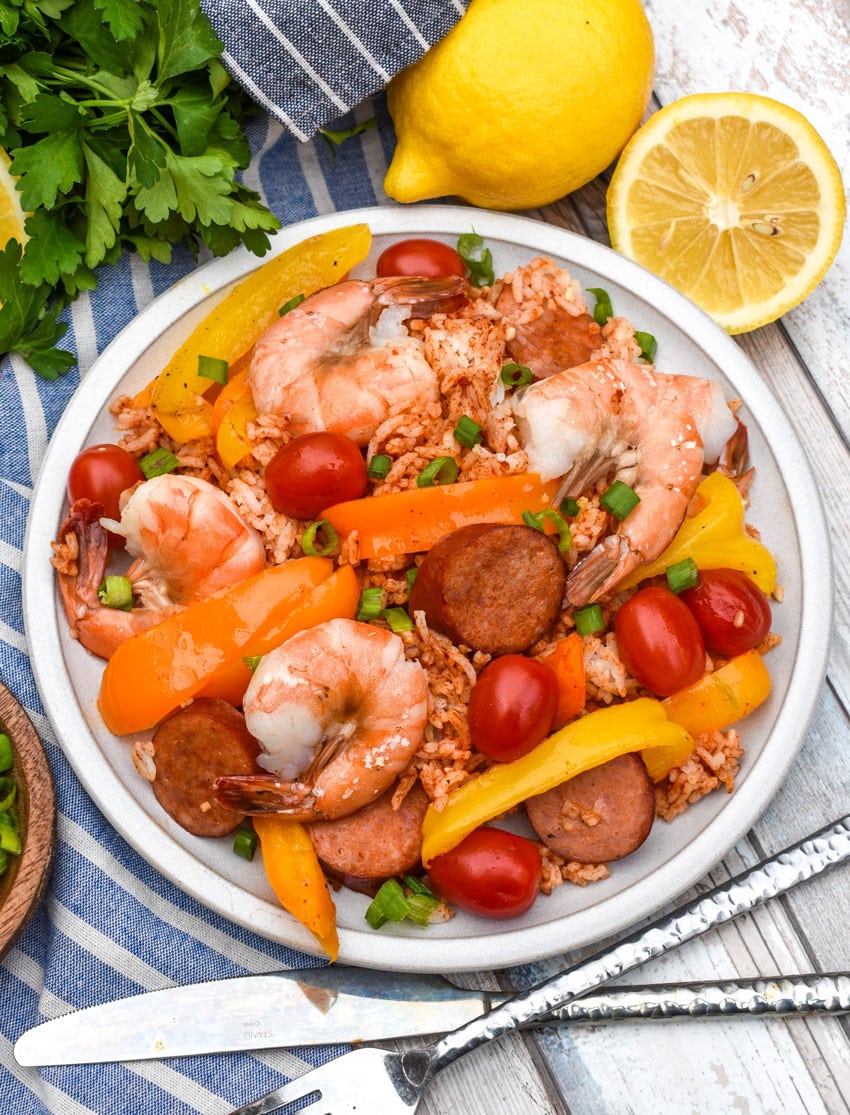 sheet pan jambalaya on a white plate