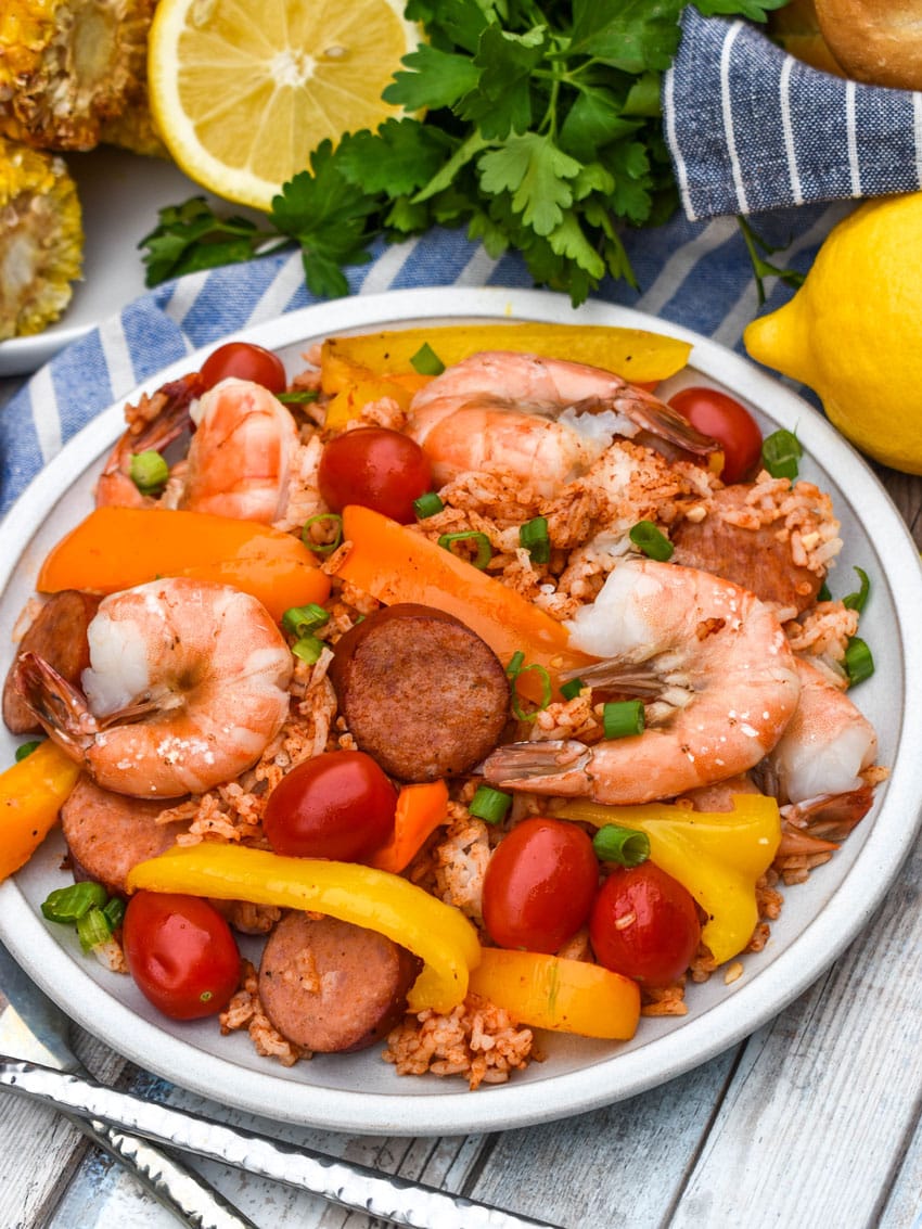 sheet pan jambalaya on a white plate