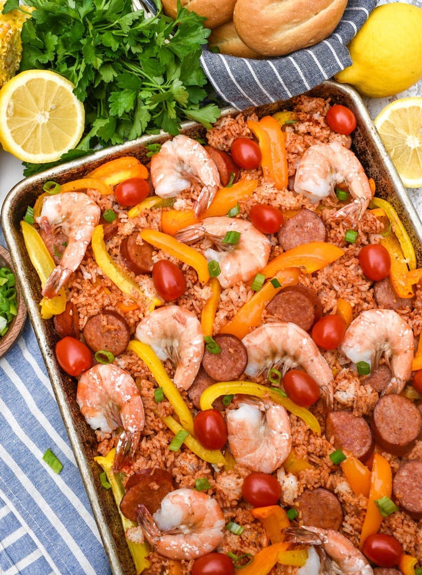 easy homemade jambalaya on a metal sheet pan