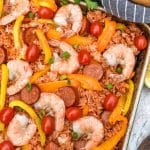 easy homemade jambalaya on a metal sheet pan