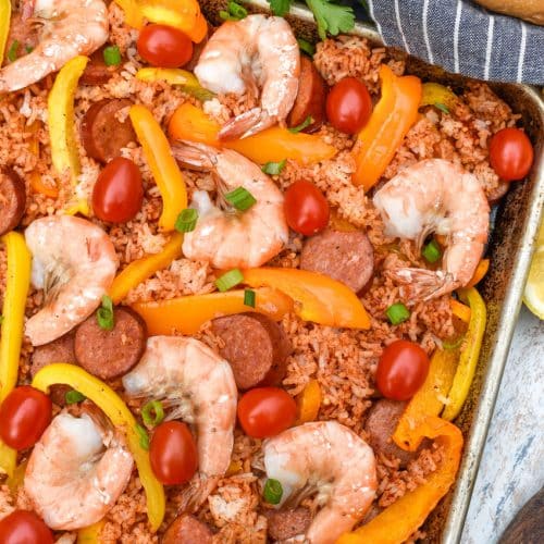 easy homemade jambalaya on a metal sheet pan