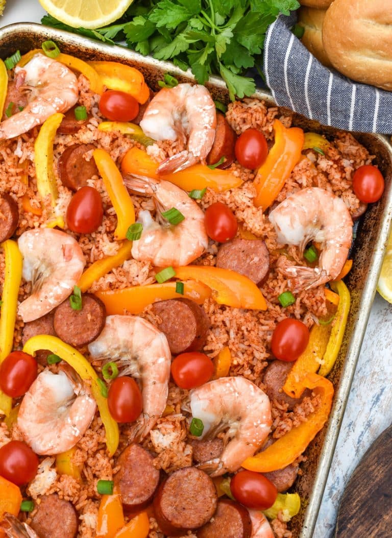 easy homemade jambalaya on a metal sheet pan