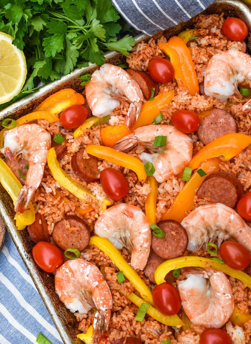 easy homemade jambalaya on a metal sheet pan
