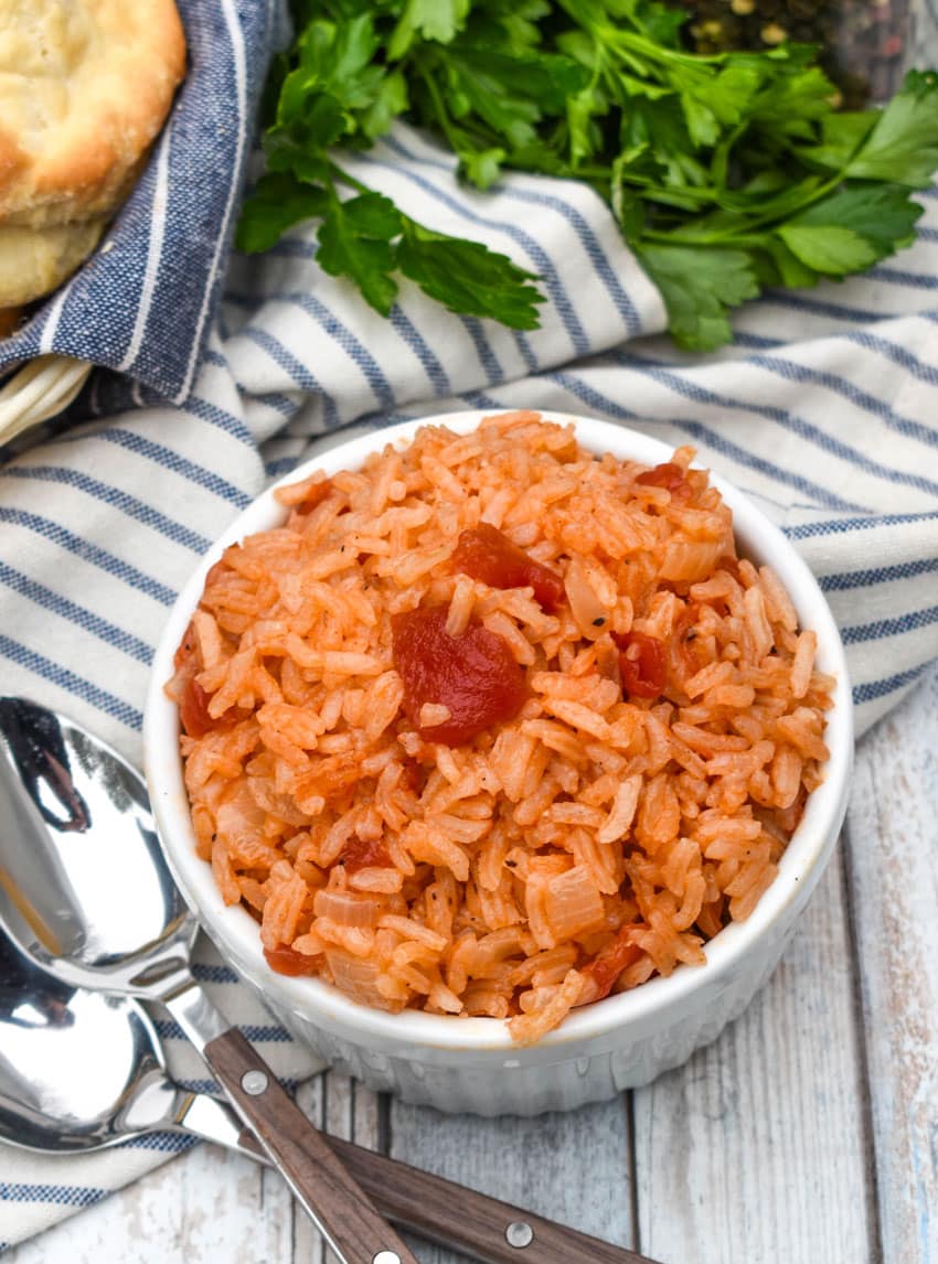 southern tomatoes and rice in a small white ramekin