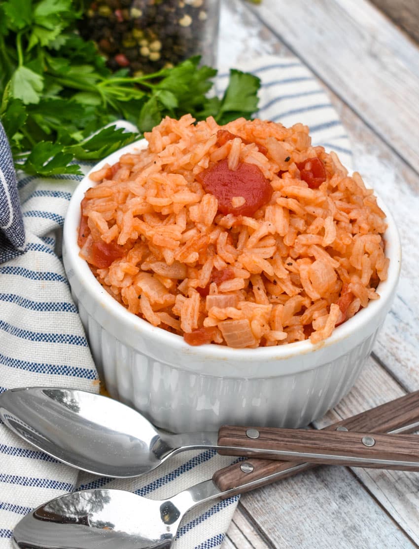 southern tomatoes and rice in a small white ramekin