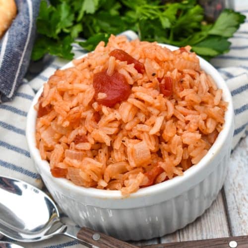 southern tomatoes and rice in a small white ramekin