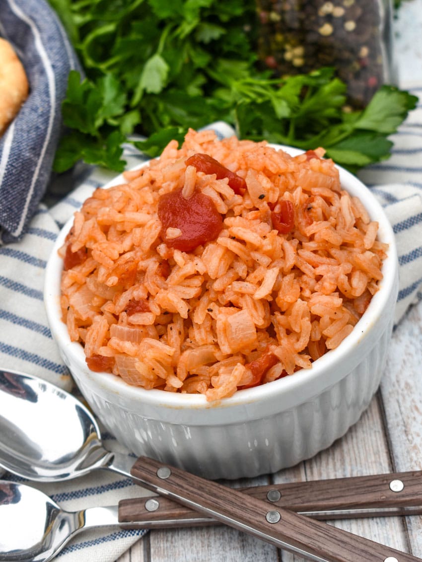 southern tomatoes and rice in a small white ramekin