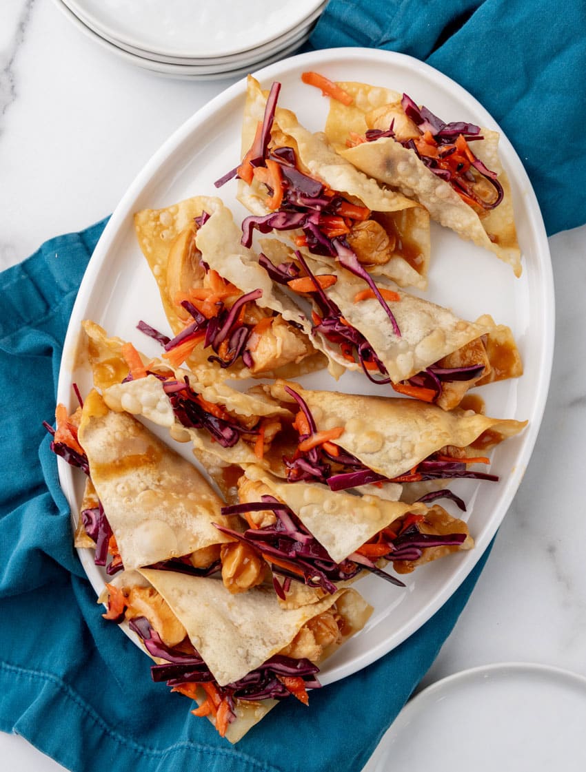 homemade applebee's chicken wonton tacos on a white serving platter