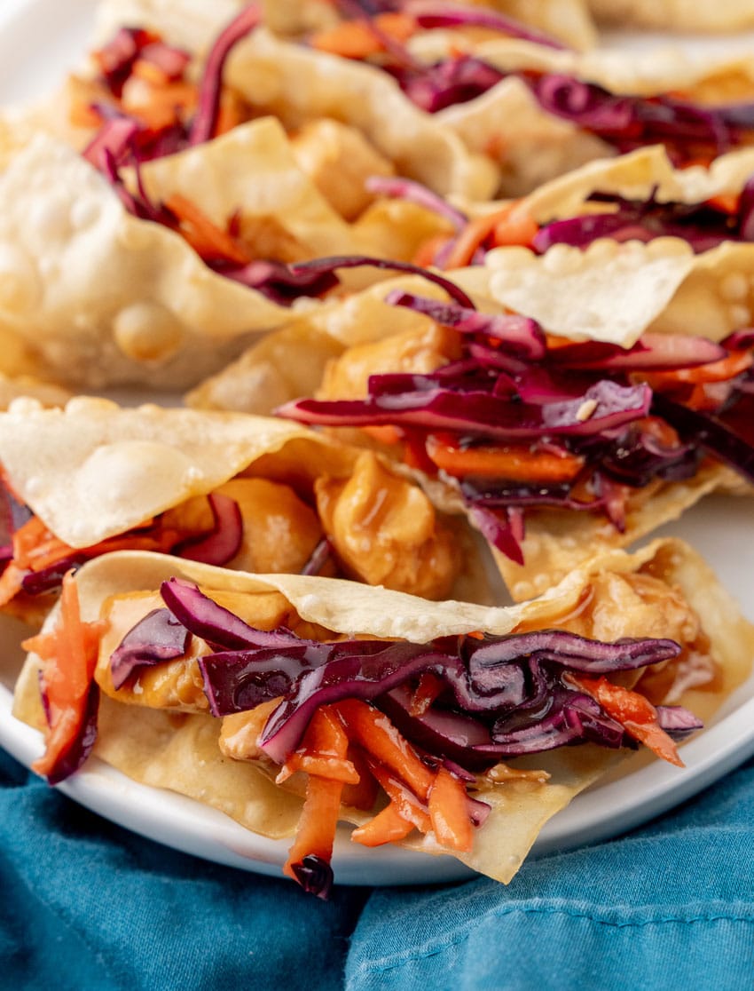 homemade applebee's chicken wonton tacos on a white serving platter