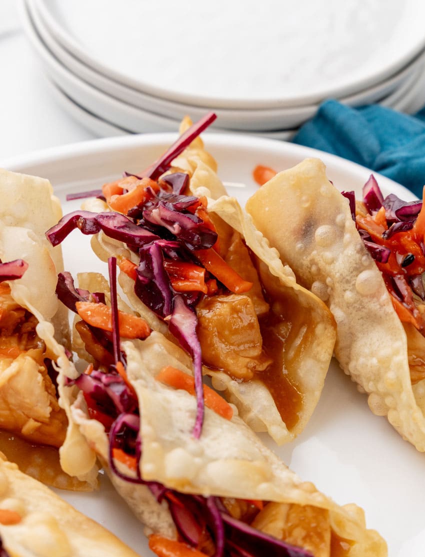 homemade applebee's chicken wonton tacos on a white serving platter