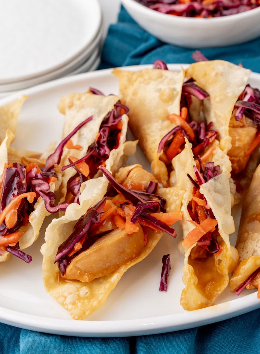homemade applebee's chicken wonton tacos on a white serving platter