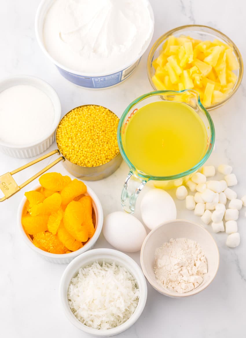 an overhead image showing the measured ingredients needed to make a batch of the classic Southern frog eye salad