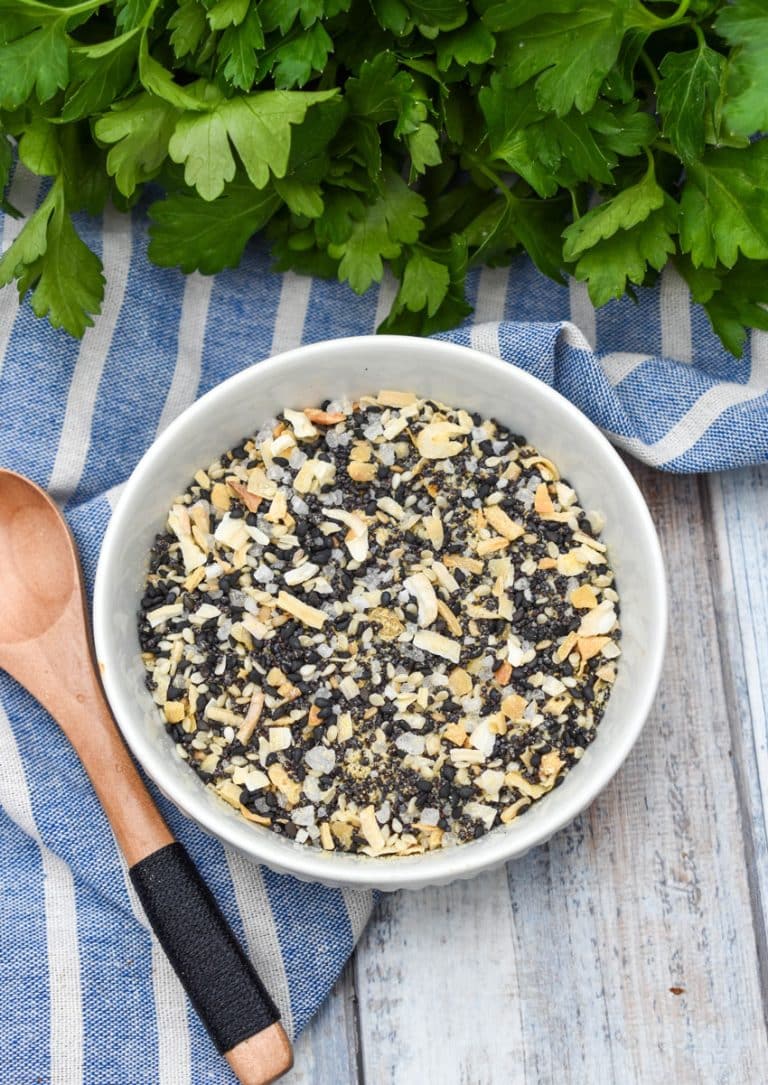 homemade everything bagel seasoning in a small white bowl