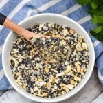 homemade everything bagel seasoning in a small white bowl