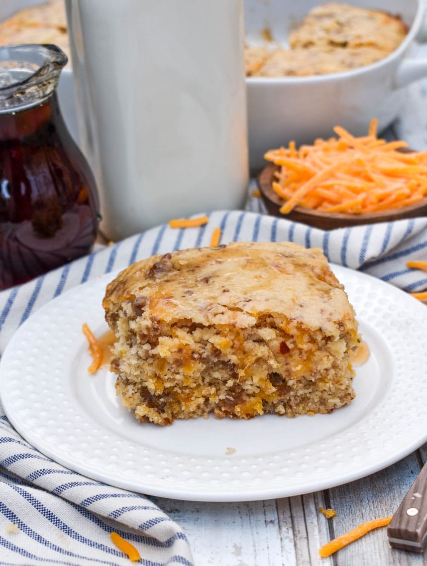 a slice of homemade mcgriddle breakfast pancake casserole on a small white plate