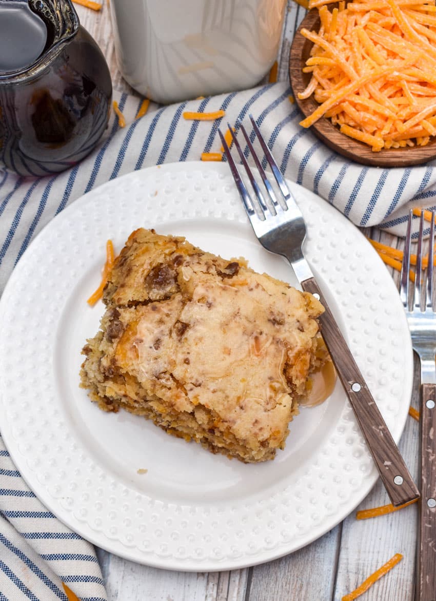 a slice of homemade mcgriddle breakfast pancake casserole on a small white plate