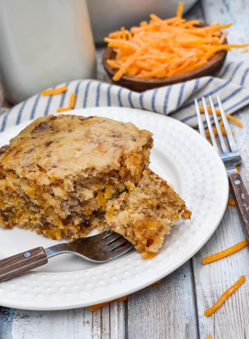 a slice of homemade mcgriddle breakfast pancake casserole on a small white plate
