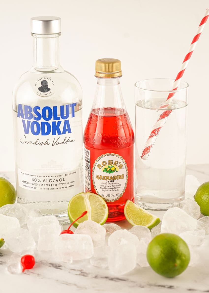 an image showing the ingredients needed to make a batch of frozen dirty shirley's