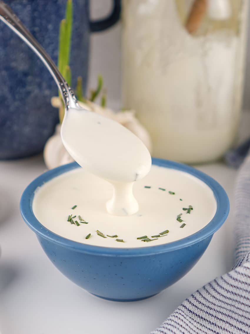 a silver spoon holding up a scoop of homemade sour cream