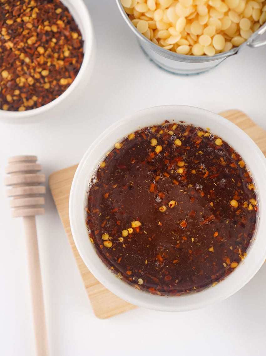homemade hot honey in a small white bowl
