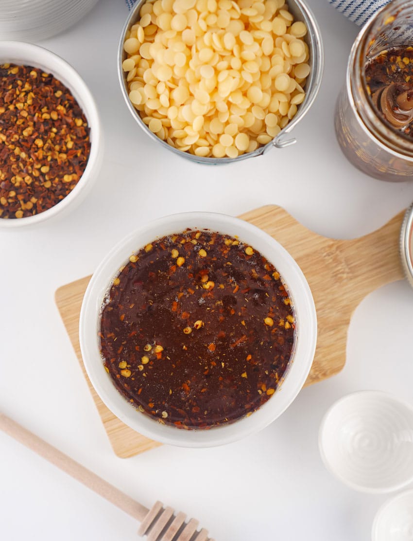 homemade hot honey in a small white bowl