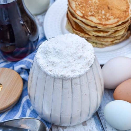 easy homemade pancake mix in a glass jar