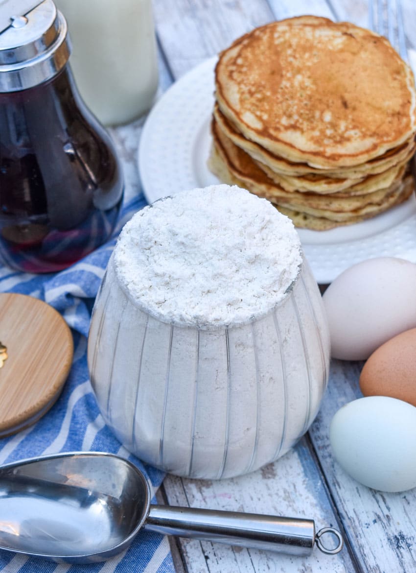 easy homemade pancake mix in a glass jar