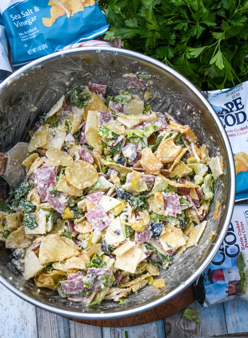 chip bag sandwich filling in a metal mixing bowl