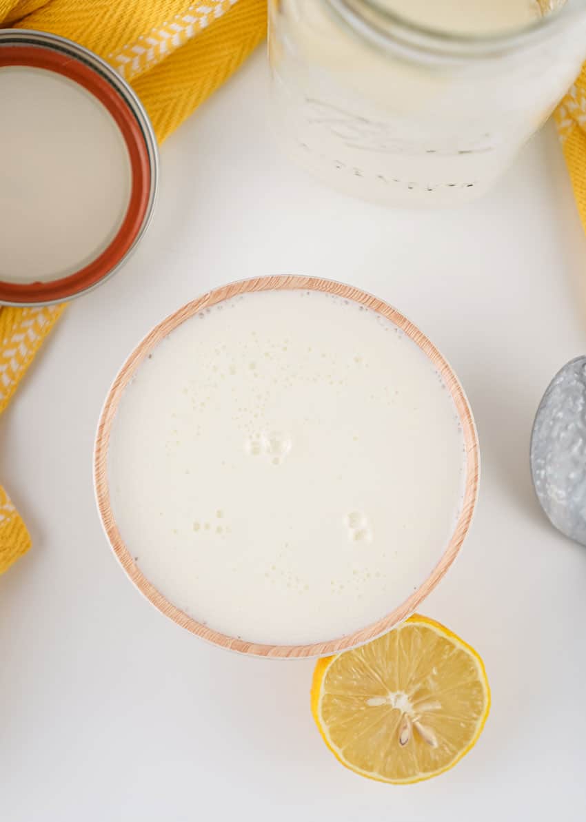 homemade buttermilk in a small wooden prep bowl