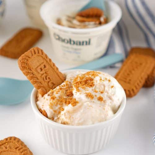 viral japanese biscoff greek yogurt cheesecake topped with cookie crumbs in a small white ramekin