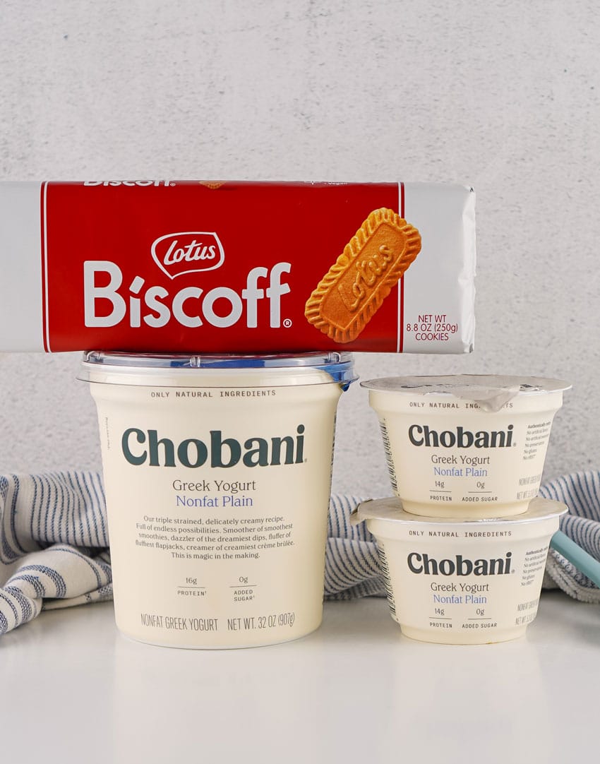 an image showing the ingredients needed to make a batch of the viral Japanese cheesecake with yogurt and biscoff cookies