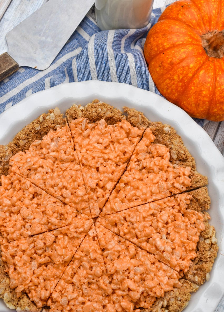 pumpkin pie rice krispie treats in a white pie dish