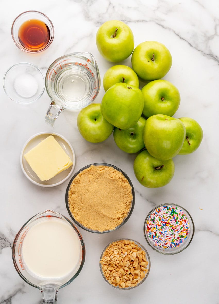 an overhead image showing the measured ingredients needed to make a batch of homemade caramel apples