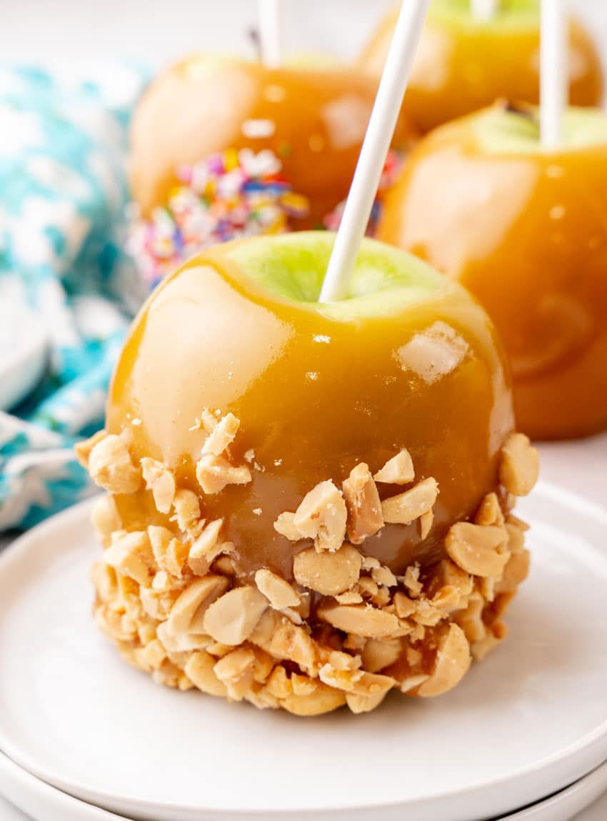 a homemade caramel apple coated in crushed peanuts on a small white dessert plate