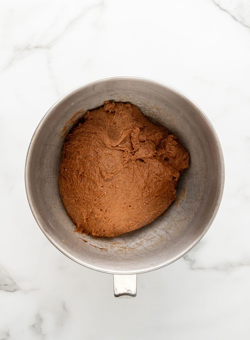 homemade cheesecake factory brown bread dough in a metal mixing bowl