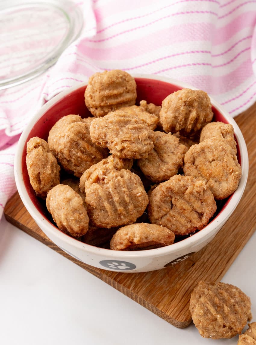homemade cat treats in a small white ceramic bowl