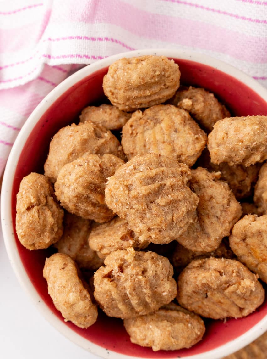homemade cat treats in a small white ceramic bowl