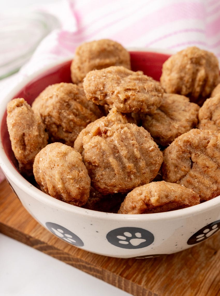 homemade cat treats in a small white ceramic bowl