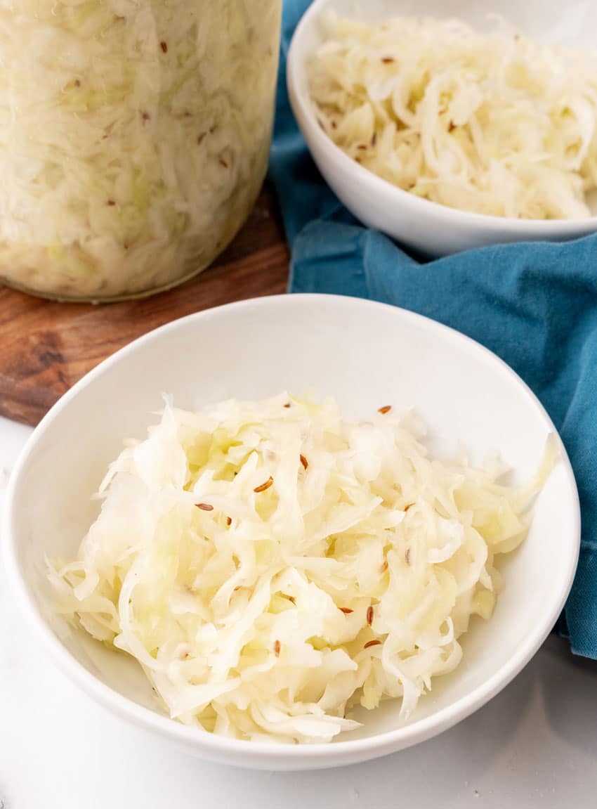 easy homemade sauerkraut in a small white bowl