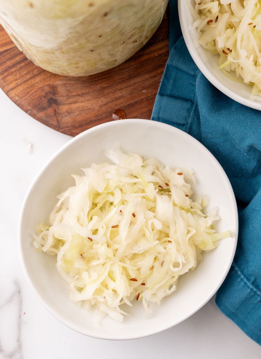 easy homemade sauerkraut in a small white bowl