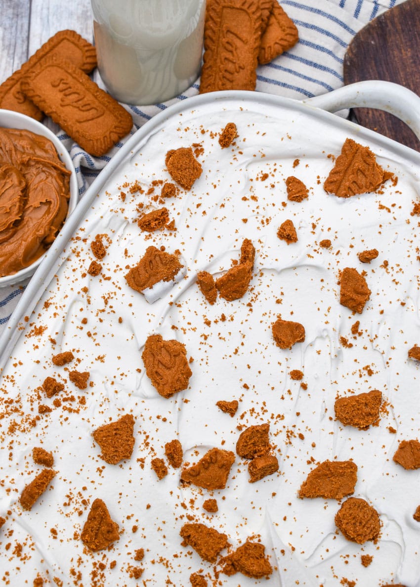 cookie butter delight dessert in a white baking dish
