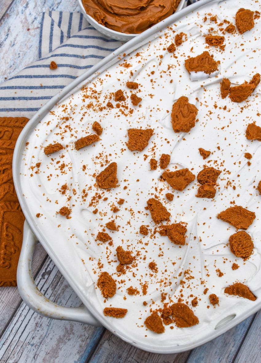cookie butter delight dessert in a white baking dish