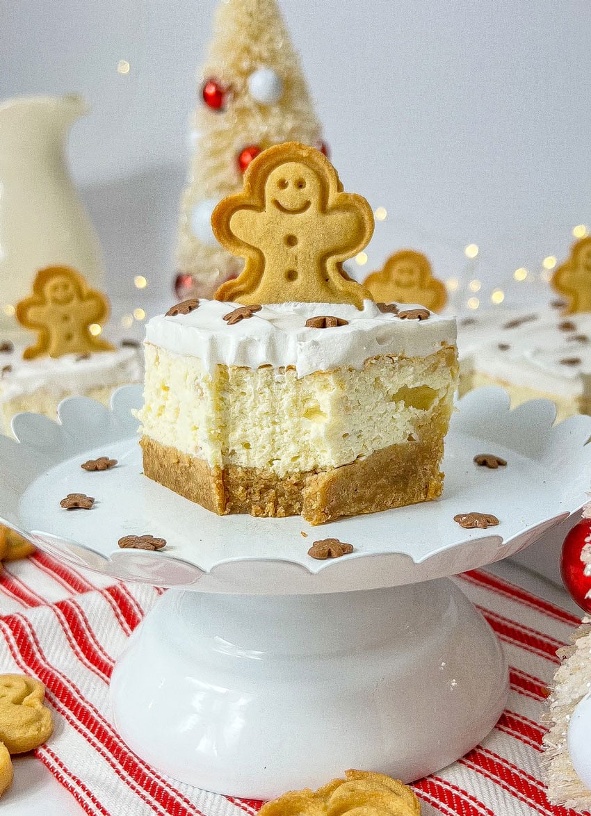 a close up of a bitten gingerbread cheesecake bar