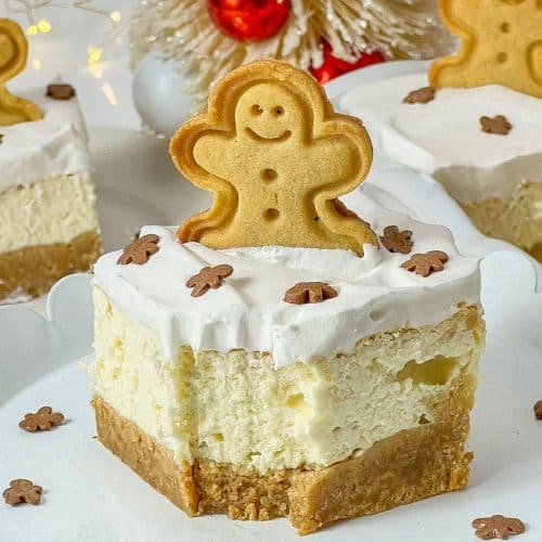 a close up of a bitten gingerbread cheesecake bar