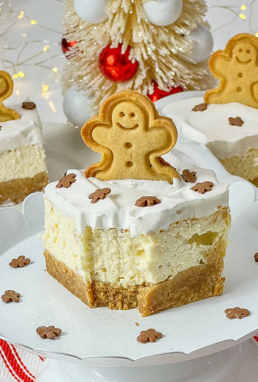 a close up of a bitten gingerbread cheesecake bar