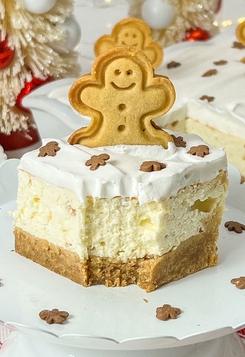 a close up of a bitten gingerbread cheesecake bar