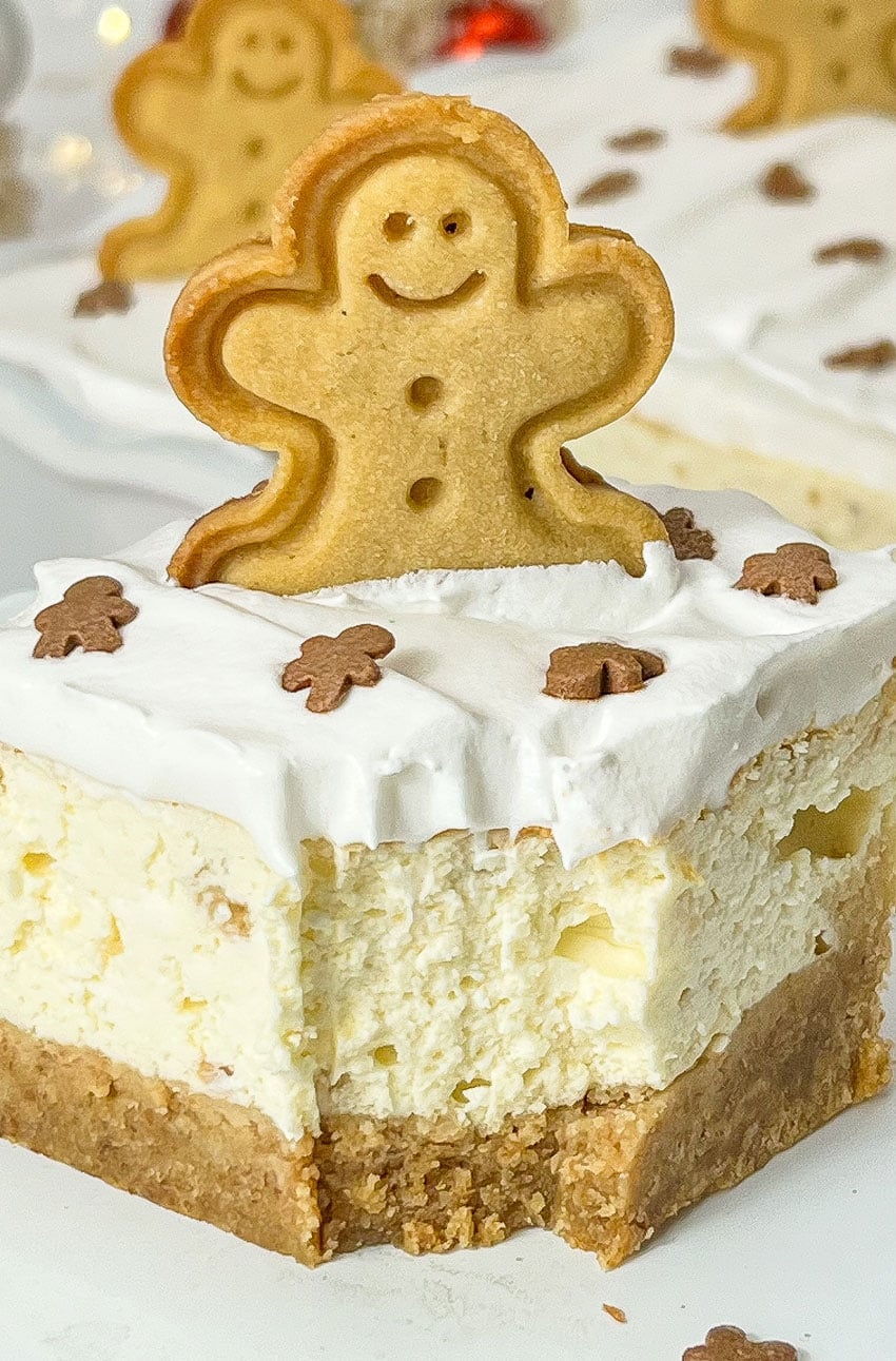 a close up of a bitten gingerbread cheesecake bar