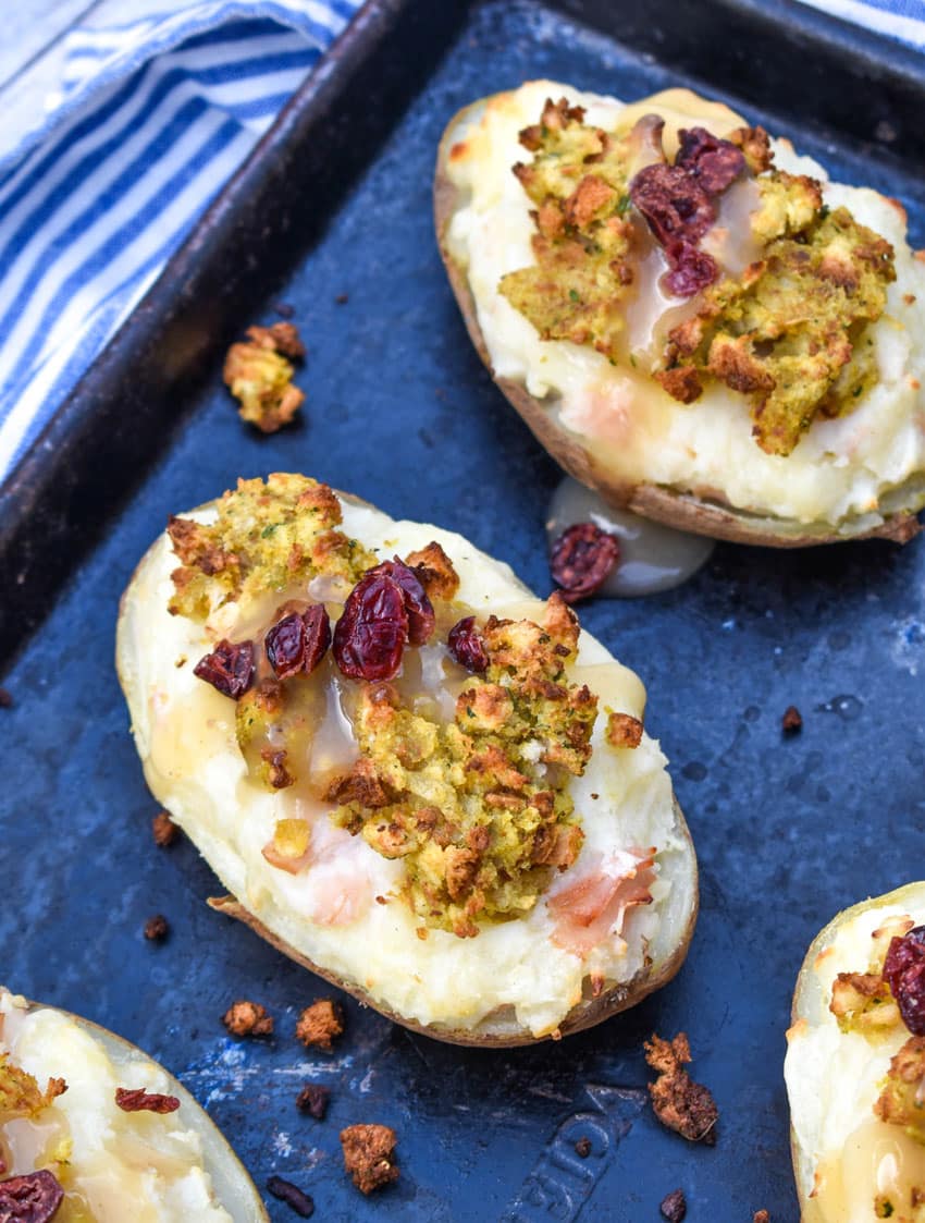 thanksgiving leftover twice baked potatoes on a metal baking sheet