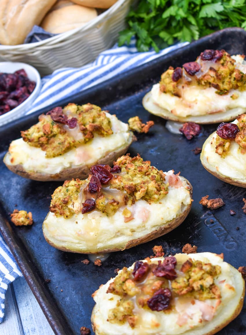 thanksgiving leftover twice baked potatoes on a metal baking sheet